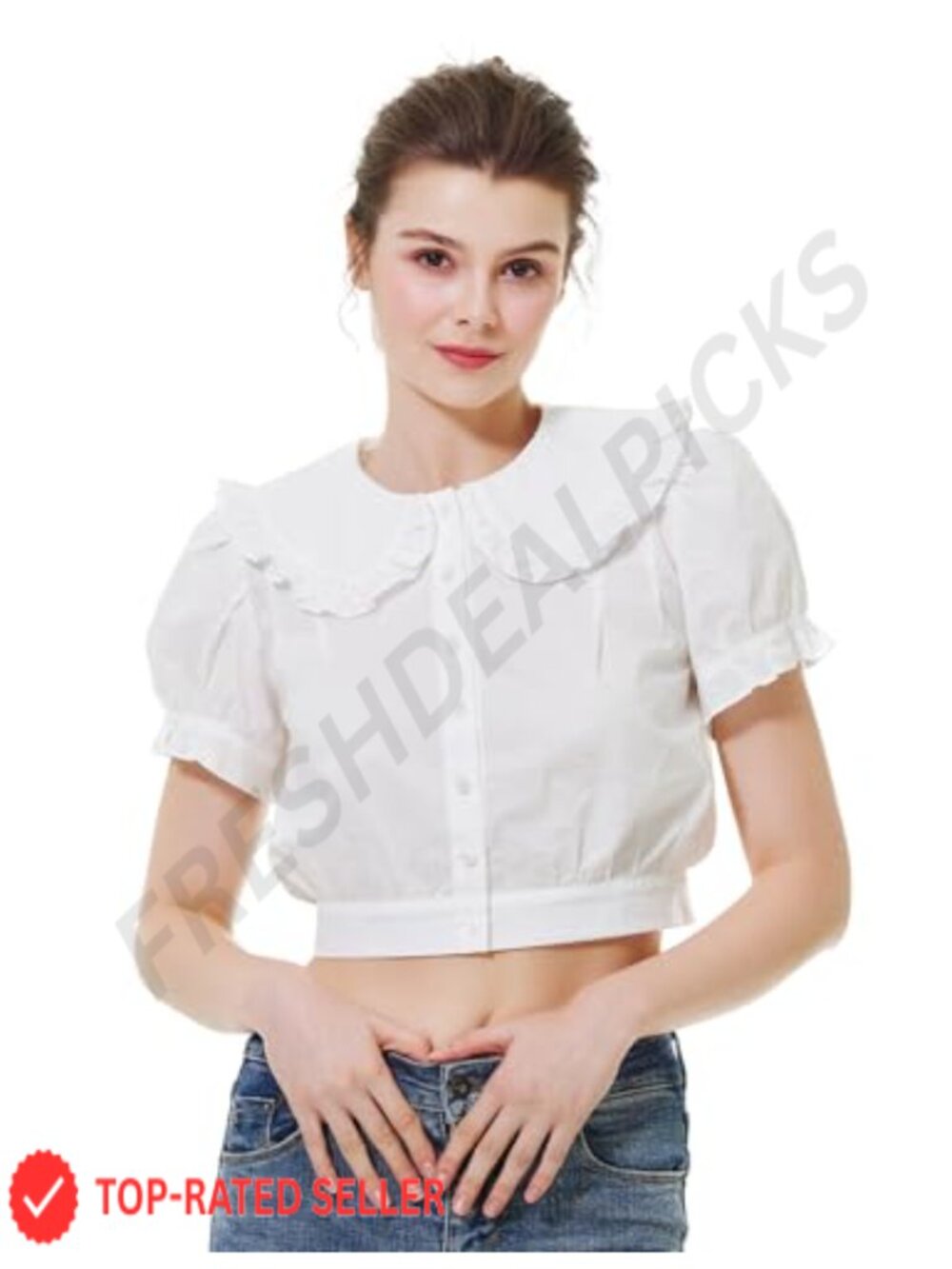 BEAUTELICATE 100% Cotton Crop Top Peter Pan Collar Puff Sleeve Button-Up Women's